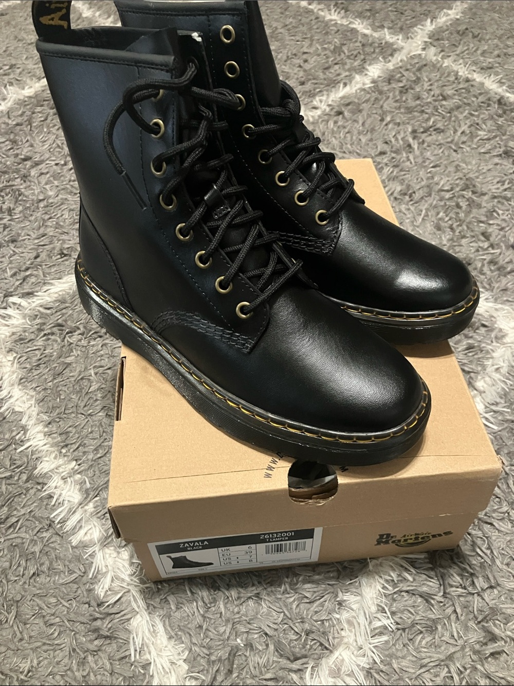 Dr. Martens Black Leather Lace-Up Combat Boots with Yellow Stitching